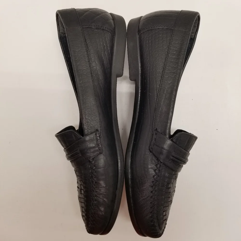 Trader Bay 74509 Mens Size 9D Black Leather Loafers Basketweave Slip On Moccasin